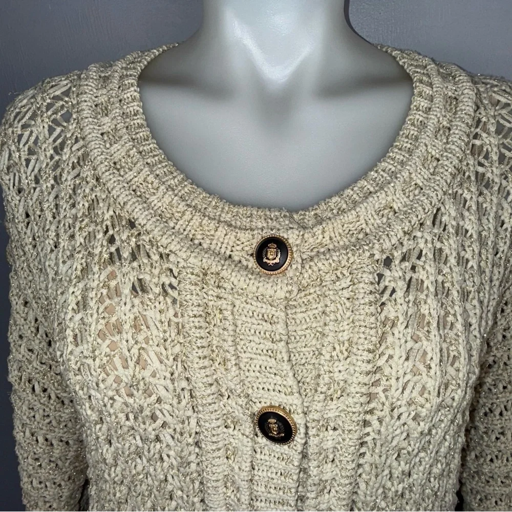 Rachel Zoe Cardigan Women’s Medium Metallic Open Knit‎ Gold Button Sweater